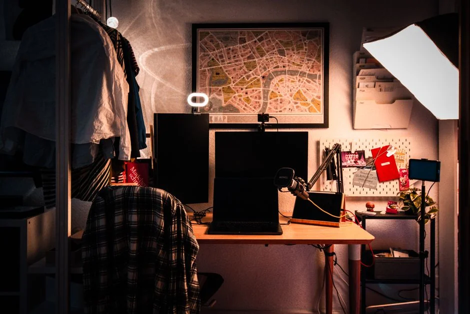 Un espace de travail contemporain équipé de deux écrans d’ordinateur affichant des projets de web design, mettant en avant la technologie et la productivité.